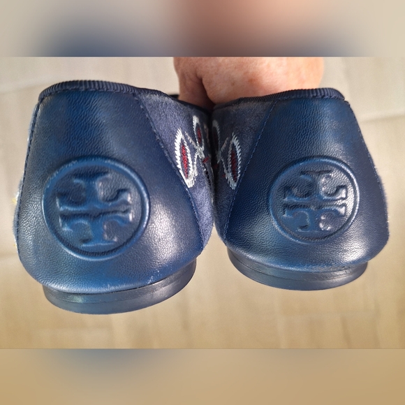 Tory Burch Blue Leather Floral Embroidered Smoking Loafers Slippers - Size 7.5 - Picture 5 of 9